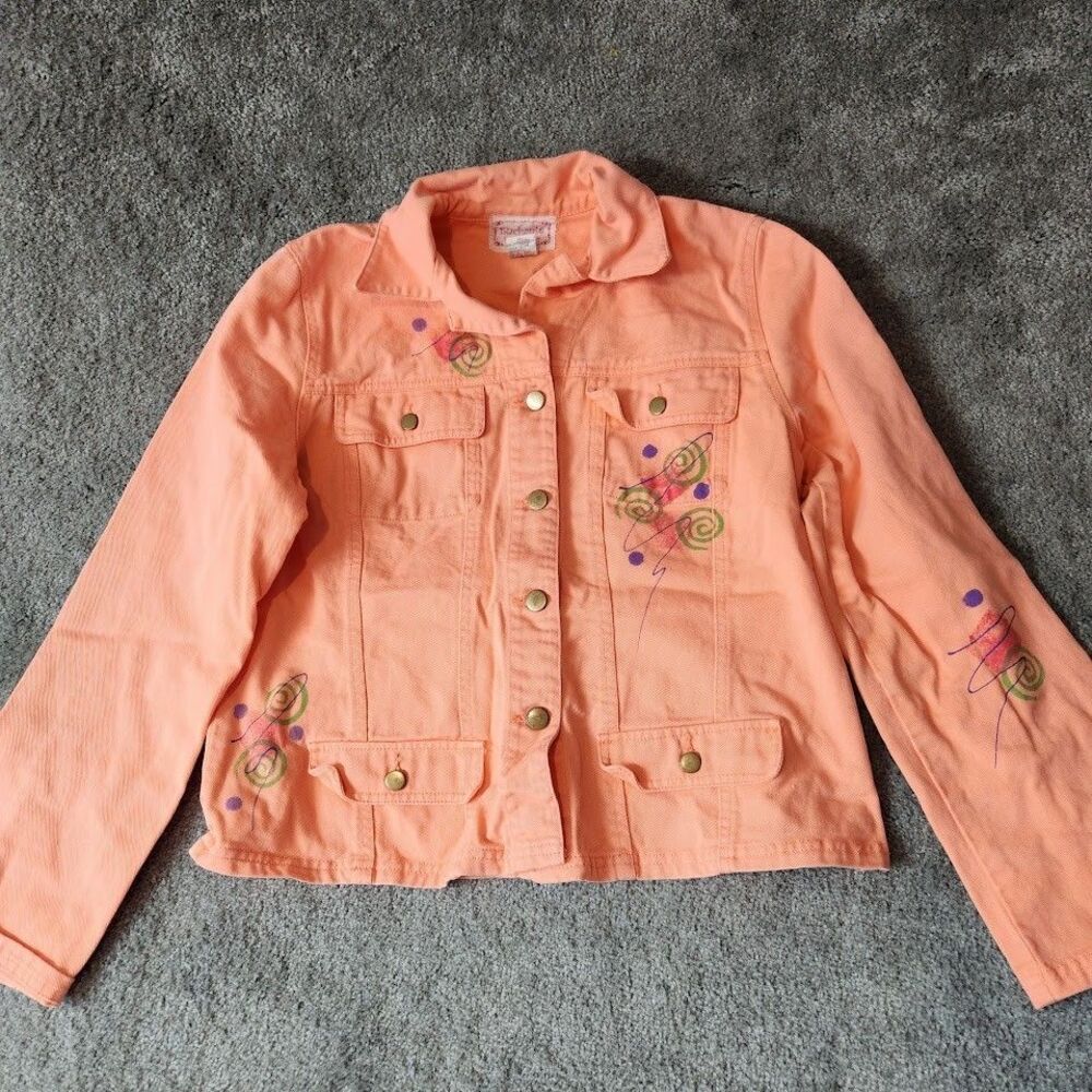 Enchante Handmade Original Denim Jacket Womens Size 12 Orange Embroidered